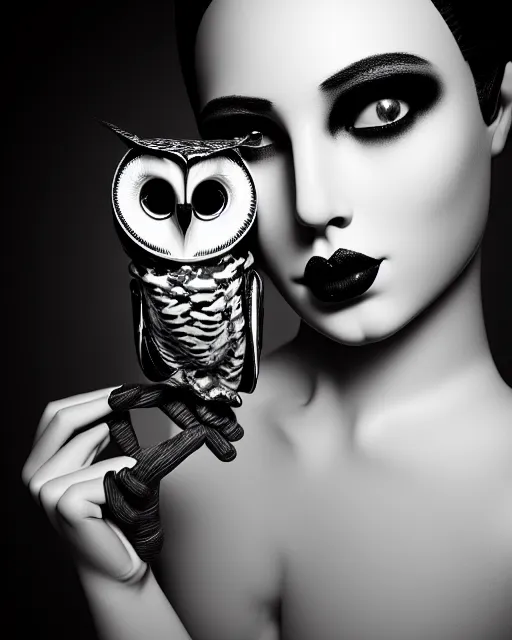 Image similar to surreal mythical dreamy dark artistic black and white fine art 3 / 4 fashion portrait photo of a young beautiful delicate female robot with realistic orchid - owl face, rim light, cinematic, studio dramatic light, poetic, masterpiece, octane render, 8 k, photo - realistic by hg giger and man ray