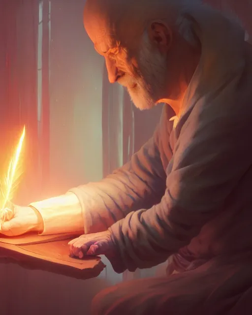 Image similar to highly detailed vfx portrait of an old mage casting a light spell, unreal engine, greg rutkowski, loish, rhads, beeple, makoto shinkai and lois van baarle, ilya kuvshinov, rossdraws, tom bagshaw, alphonse mucha, global illumination, detailed and intricate environment