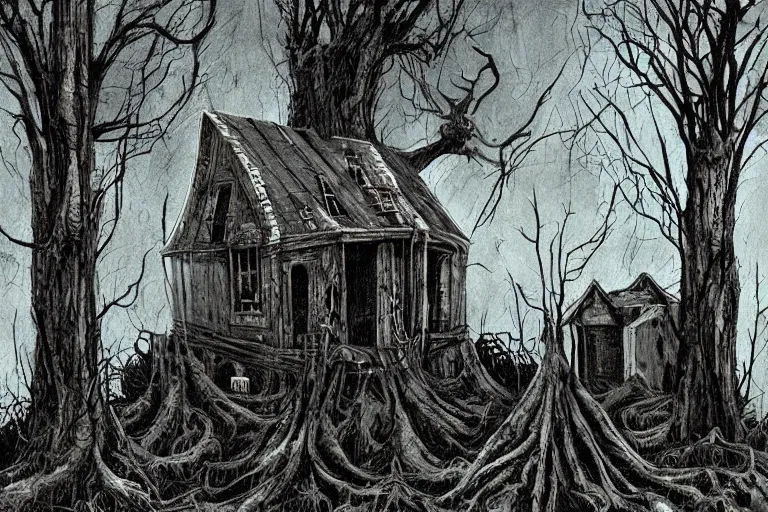 Image similar to mad horror painting of a futuristic alien witch house in the woods by ben templesmith