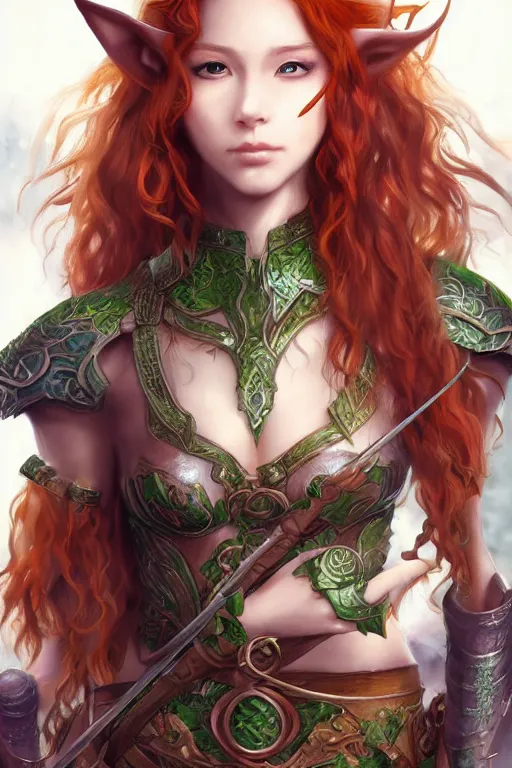 Image similar to A realistic anime portrait of long curly haired redhead female elf ranger wearing an intricate fantasy ranger outfit, asian facial features, green eyes, digital painting, by Stanley Artgerm Lau, Sakimichan, WLOP and Rossdraws, digtial painting, trending on ArtStation, SFW version