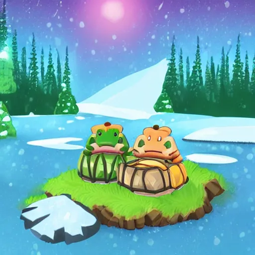 Image similar to two happy cute chibi turtles sitting around a campfire near a cave entrance to a mountain, there is a forest of trees in the background and a small frozen lake in the distance, trending on artstation, 3d digital artwork, cinematic lighting, 4K, very full detail, vector, amazing artwork, trending on Behance award-winning art, kawaii