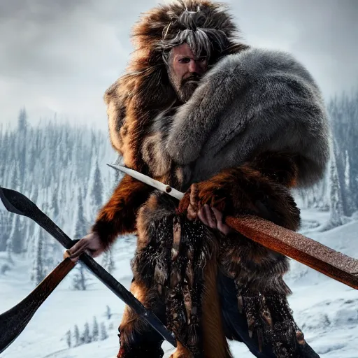 Prompt: a dnd barbarian half frost giant wearing a fur coat, shoulder armor and holding an axe, high resolution film still, 4k, HDR color