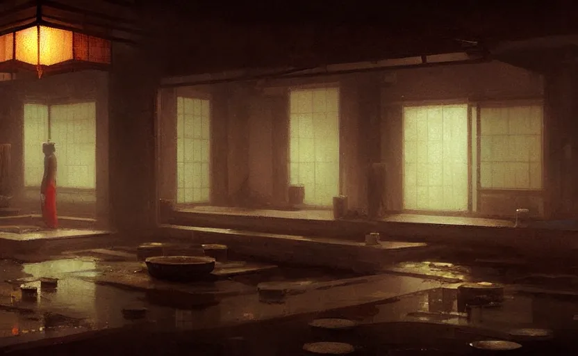 Image similar to painting of an interior Japanese bathhouse with candles by Greg Rutkowski and Craig Mullins, Dark atmospheric sad and cinematic lighting, Trending on artstation