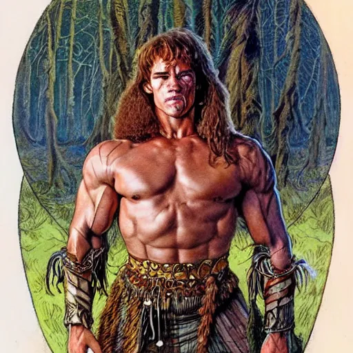 Image similar to a realistic, very beautiful and atmospheric portrait of young arnold schwarzenegger as a druidic warrior wizard looking at the camera with an intelligent gaze by rebecca guay, michael kaluta, charles vess and jean moebius giraud