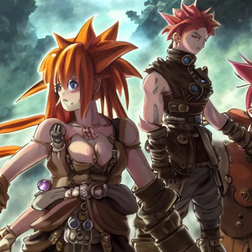 Image similar to steam punk, chrono trigger, detailed anime characters, starring crono, marle and ayla, vivid light, greg rutkowski, uhd, uhd uhd uhd, 8 k, shallow depth of field, intricate detail, concept art!