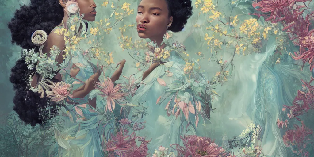 Prompt: breathtaking detailed concept art painting blend of two afroamerican goddess of light blue flowers by hsiao - ron cheng with anxious piercing eyes, vintage illustration pattern with bizarre compositions blend of flowers and fruits and birds by beto val and john james audubon, exquisite detail, extremely moody lighting, 8 k