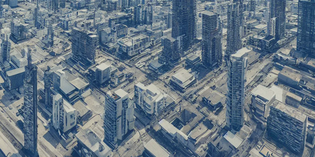 Image similar to drone view of a city with a large road through, Brutalist architecture,sharp focus,telephoto lens,digital art by Maciej Kuciara 4k