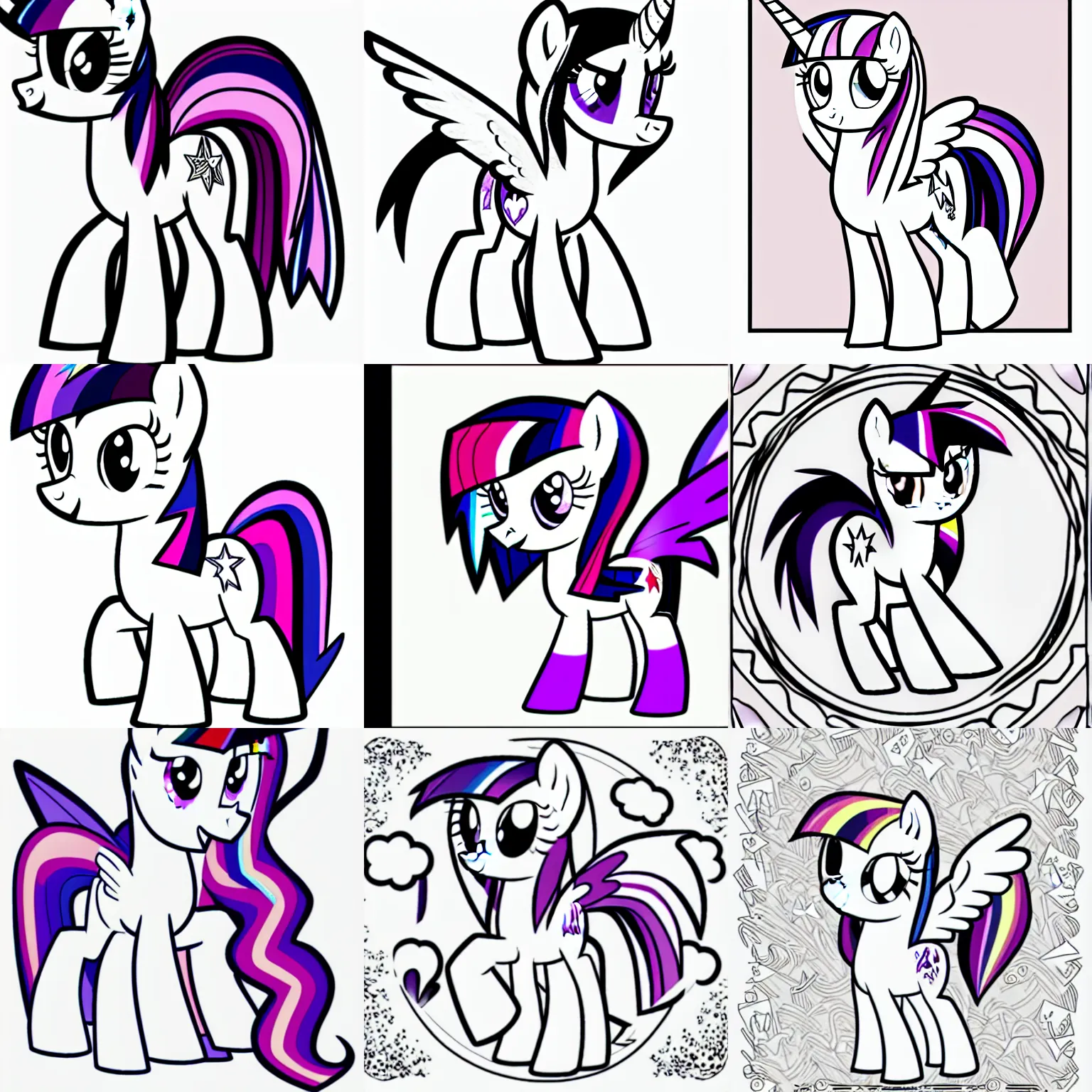 Image similar to Twilight Sparkle from My Little Pony: Friendship is Magic, uncolored black and white page from a coloring book