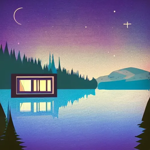 Image similar to small sci - fi cottage at the edge of a lake in the mountains, retro illustration on parchment, soft glowing windows, early evening, reflections, pine trees,