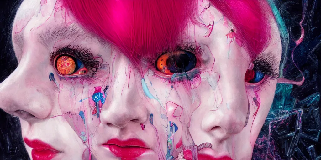 Image similar to full view portrait of a pale cyborg woman crying, in the style of jin kagetsu and james jean, background by beatriz milhazes, highly detailed, big glowing eyes, pink hair, red lipstick, face symmetry, masterpiece, sharp focus, realistic intricate concept art, dramatic lighting, 8 k