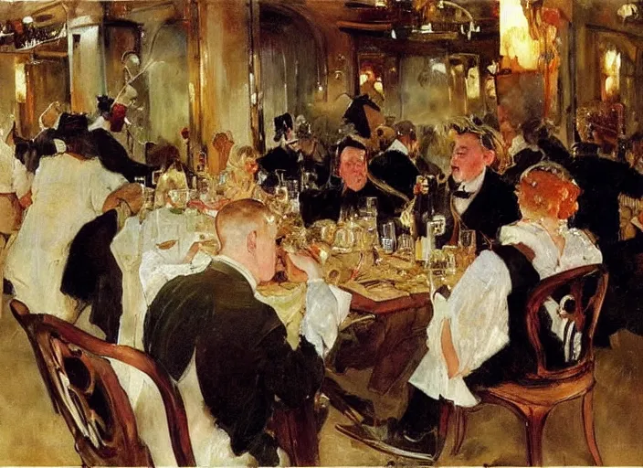 Image similar to gentlemens dinner, singing, roaring twenties, cellar, masterpiece, torches on wall, meat, wine, schnapps, smoking cigars, scantily clad blondes, oil painting by anders zorn and carl larsson, art nouveau