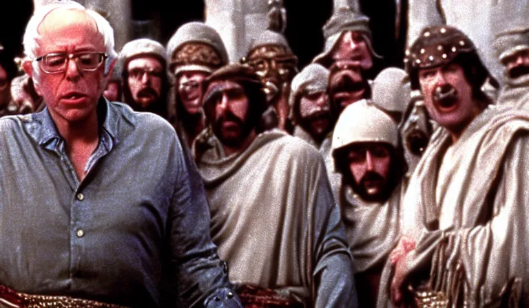 Image similar to a film still of bernie sanders as brian in monty python's life of brian ( 1 9 7 9 )