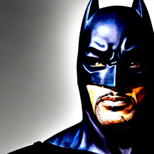 Image similar to of a photo of will smith as batman with a serious face looking at the camera, f 2. 8