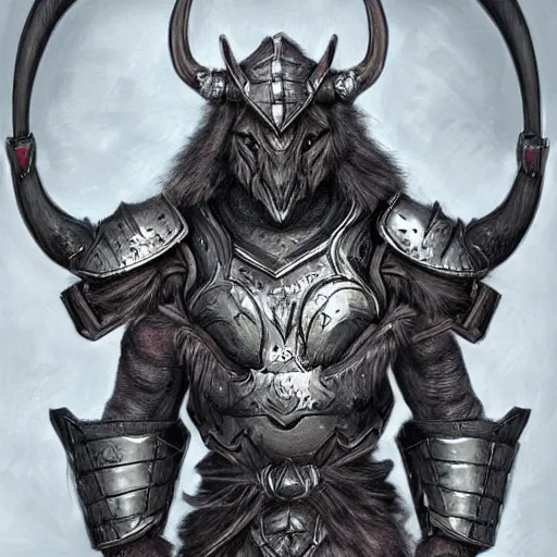 Prompt: a triumphant Minotaur in plate armor with black fur, fantasy concept art, high detail