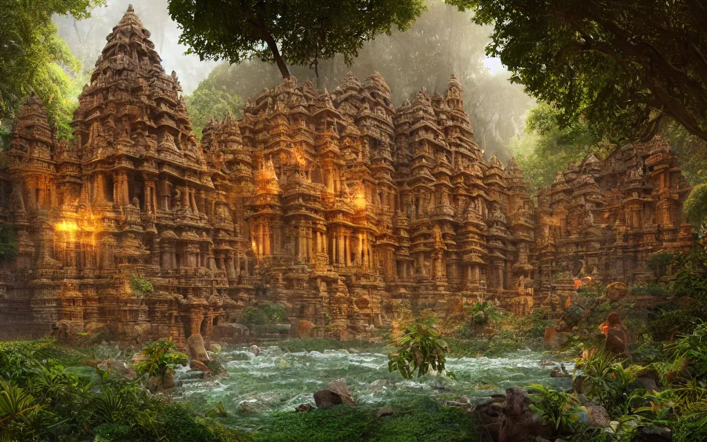 Prompt: High Fantasy solitary Hindu temple typical of the Chola period Dravidian style, made in sandstone carvings, lush green forest on a plain near a river, colorful sculptural motifs Intricate, detailed , artistic , volumetric lights warm. Joyful matte painting by Darek Zabrocki and Emmanuel Shiu, 4k ultra detailed, great composition cinematic.