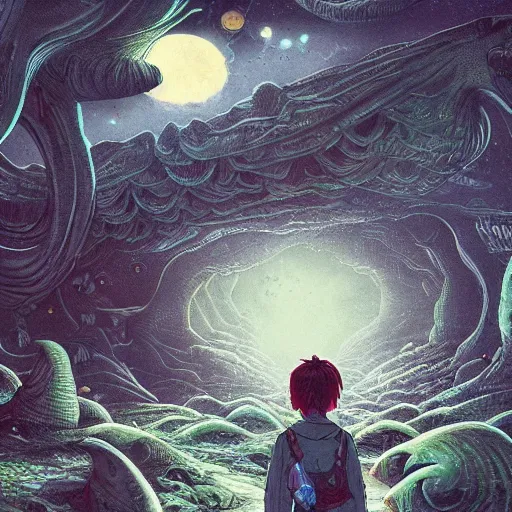 Image similar to weary traveller wandering through an alien world, by james jean, 4 k, beautiful, cinematic dramatic