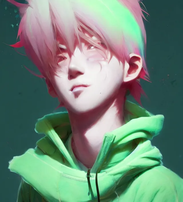 Prompt: a beautiful portrait of a cute anime boy with pink hair wearing a green hoodie. character design by cory loftis, fenghua zhong, ryohei hase, ismail inceoglu and ruan jia. artstation, volumetric light, detailed, photorealistic, fantasy, rendered in octane