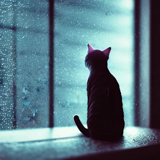 Image similar to A cat sitting on a window watching the view of a cyberpunk city, 24mm, 8k, octane render, beautiful, peaceful, cyberpunk, moody, raining, rain, super detailed, dof, volumetric lighting, rtx, raytracing