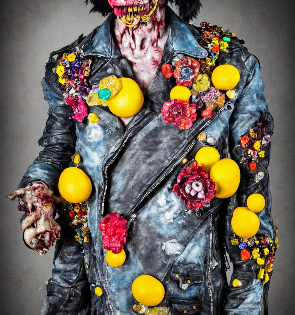Image similar to bodyshot of a zombie punk rock star, leather jacket, ripped jeans, head made of fruit gems and flowers in the style of arcimboldo, photorealistic, action figure, clay sculpture, claymation, gray blue and yellow, dramatic stage spotlight lighting