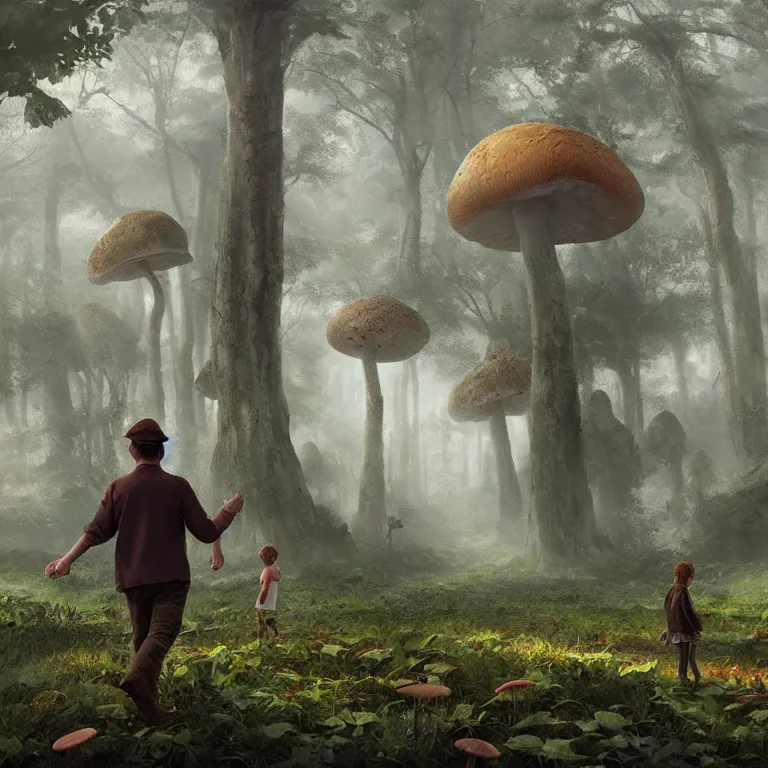 Prompt: a painting of a man and a child walking through a huge mushroom forest, a detailed matte painting by julian allen, cgsociety, fantasy art, matte painting, concept art, daz 3 d