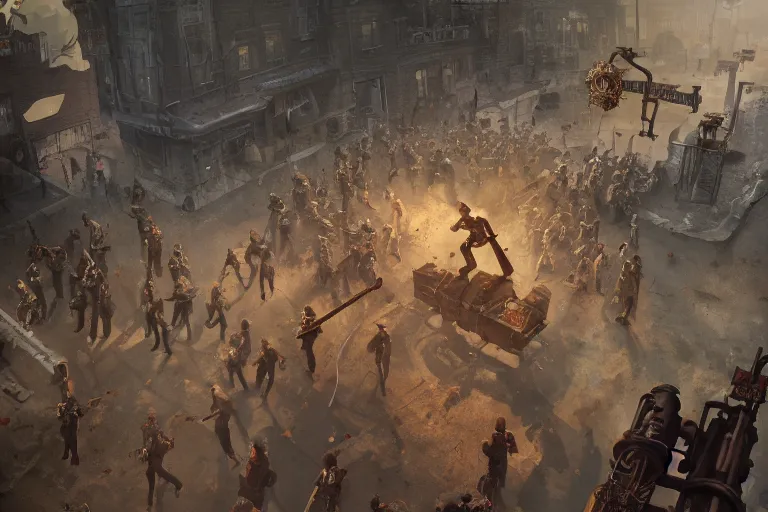 Image similar to steampunk postman fighting a horde of zombies with just a shovel, 3d scene, render, ultra realistic, zenith view, Greg Rutkowski, artstation, cgsociety, level design, unreal engine, render