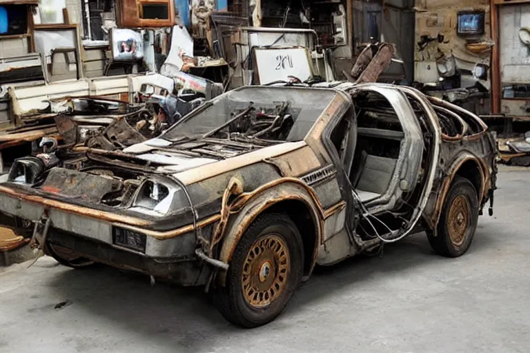 Prompt: rusty, scrap, salvage, junk 1 9 2 2 delorean