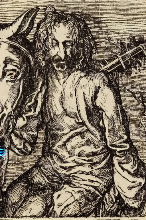 Image similar to 'A woodcut print of Frank Zappa playing the guitar whilst riding a horse, by Albrecht Dürer'