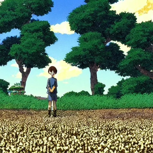 Prompt: man stands on a meadow made of popcorn, landscape, studio ghibli, anime