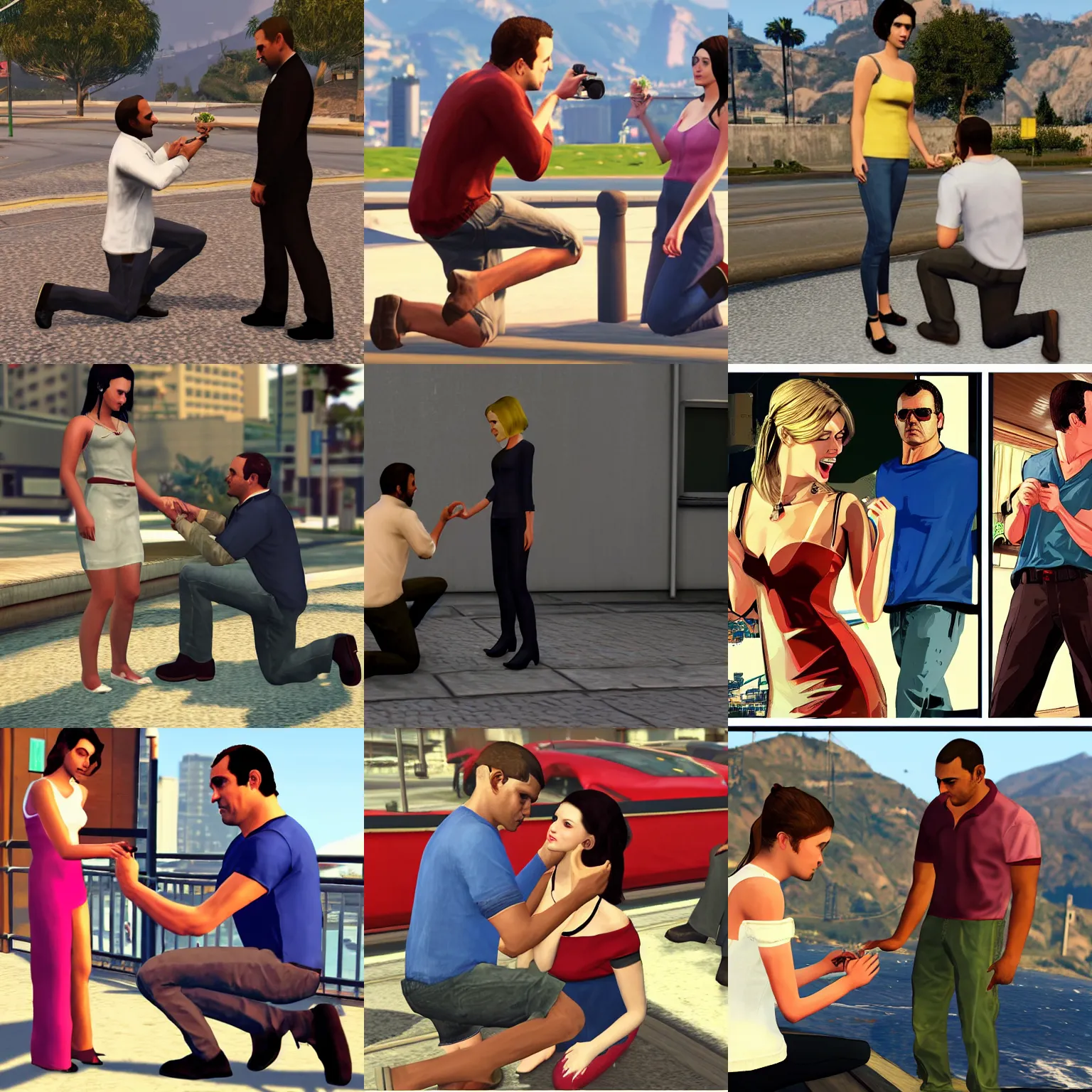 Prompt: Man proposing his girlfriend, ultra quality, high graphical fidelity, GTA V characters