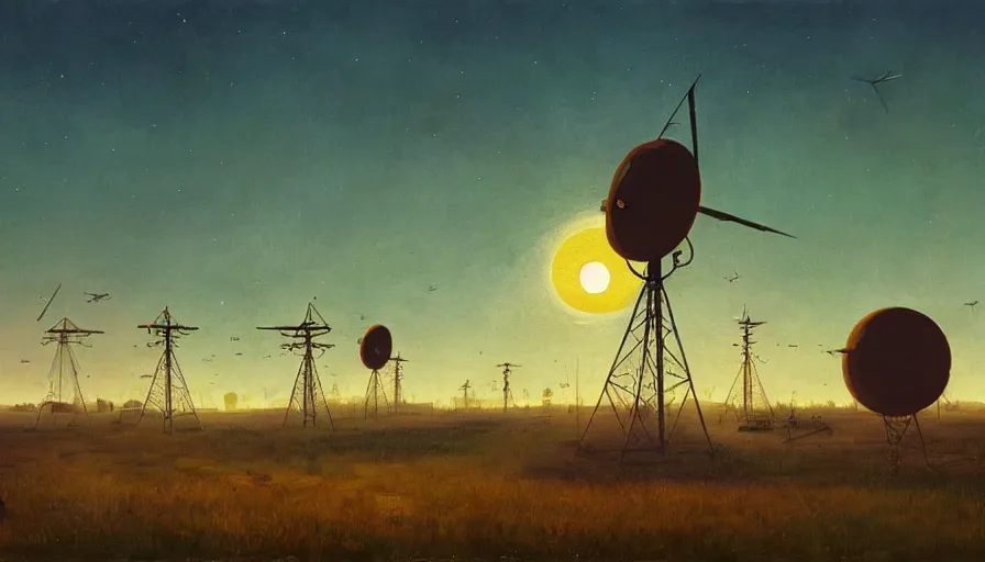 Prompt: space antennas, sun in the sky, early morning, open field, simon stalenhag, art deco painting