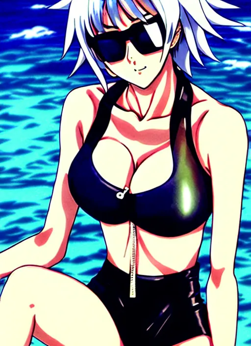 Prompt: anime portrait of fubuki from one punch man as a handsome woman, wearing sunglasses and two - piece swimsuit, yusuke murata, ilya kuvshinov, anime, pixiv top monthly, trending on artstation, cinematic, danbooru, zerochan art, kyoto animation