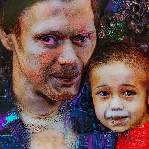 Prompt: hyperdetailed maximalist mixed media collage of a photorealistic father with child. pastel tones