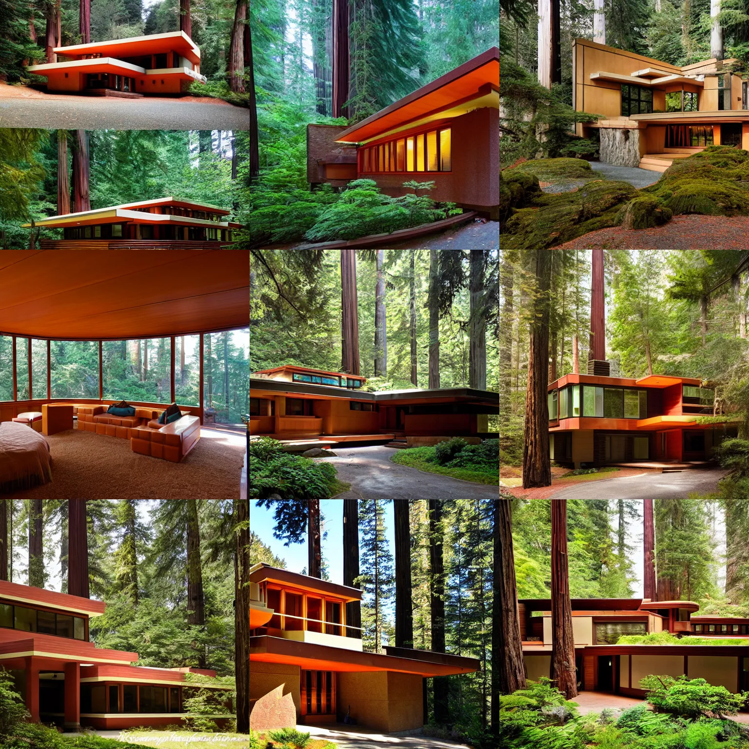 Prompt: a beautiful modern frank lloyd wright house in the redwoods near the beach, photo