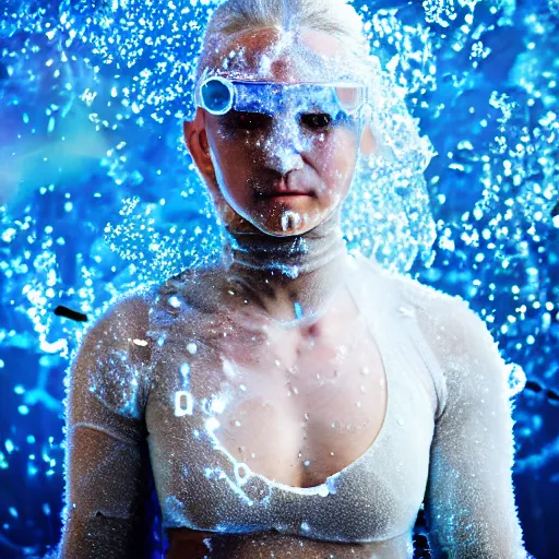 Image similar to futuristic female soldier eyes closed partly submerged in highly viscous clear fluid, frost particles, ice needles, cold blue light, complex hyperdetailed technical suit. white hair flowing. reflection. rays and dispersion of light. volumetric light. 5 0 mm, f / 3 2. noise film photo. ultra realistic, wide angle. rudolf herczog