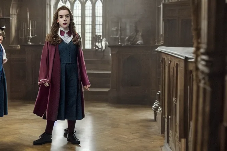 Prompt: film still Milly Bobby Brown as Hermione Granger wearing hogwarts uniform in Harry Potter movie