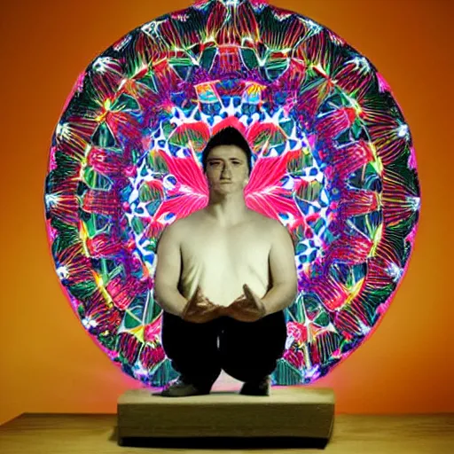 Image similar to A beautiful kinetic sculpture of a man with a large head, sitting in what appears to be a meditative pose. His eyes are closed and he has a serene look on his face. His body is made up of colorful geometric shapes and patterns that twist and turn in different directions. It's almost as if he's sitting in the middle of a kaleidoscope! stuckism, chillwave by Marcel Chagall daring