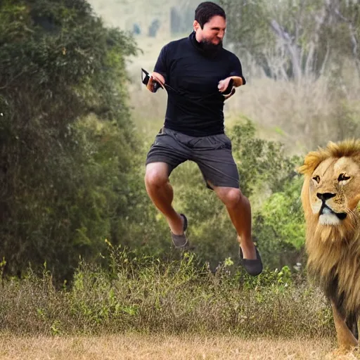 Prompt: a man training a lion to jump n - 4