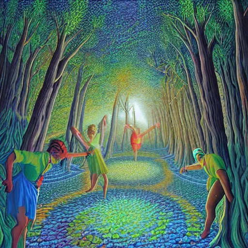 Image similar to dancers in the trippy forest by rob gonsalves