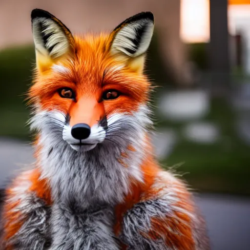 Prompt: portrait of a fox fursuiter posing for the camera at a furry convention, outdoors in the city, realisitc photo