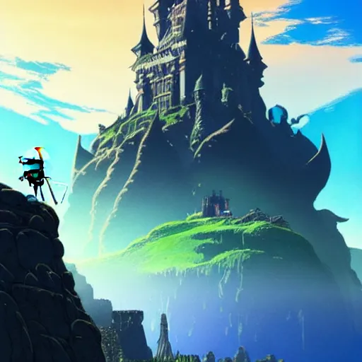 Image similar to An imposing and highly ornamented fantasy castle, Carved from Sapphire stone, Atmosphere, Dramatic lighting, Beautiful Landscape, Epic composition, Wide angle, by Miyazaki, Nausicaa Ghibli, Breath of The Wild