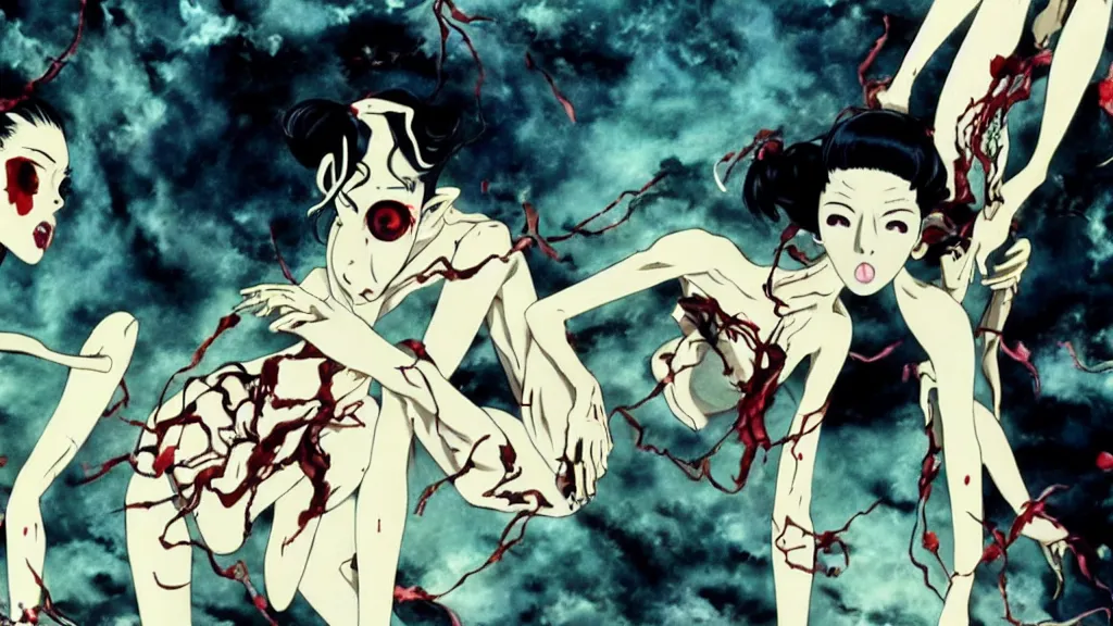 Image similar to french voguing dance horror movie, anime film still from the an anime directed by katsuhiro otomo with art direction by salvador dali, wide lens