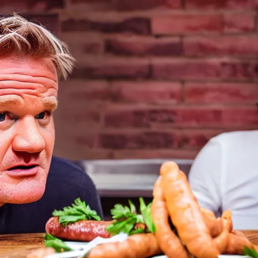 Image similar to gordon ramsey eating sausage with sauce and not liking it, high quality photograph, photorealist F1.8