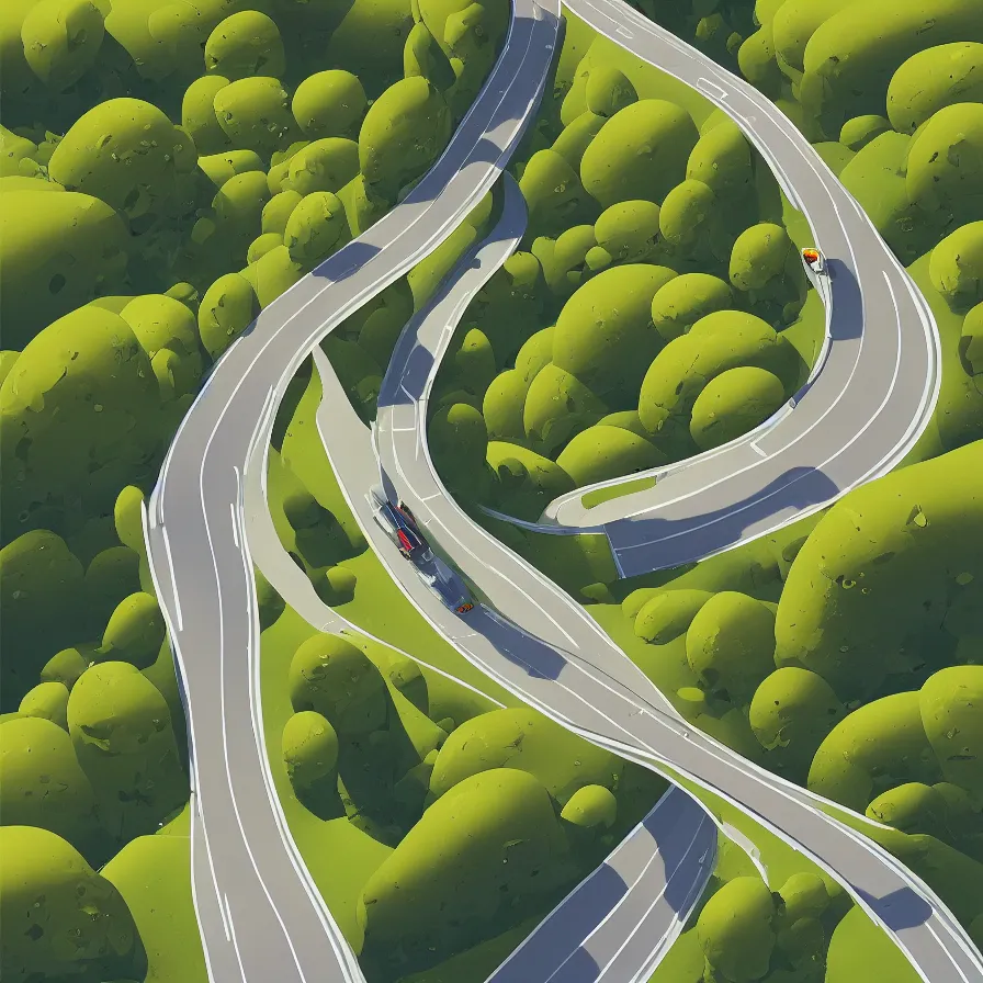 Image similar to View from above of a mountain road descending in curves, art by Goro Fujita, ilustration, concept art, sharp focus, ArtStation and deviantart