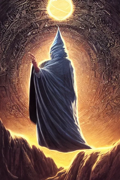 Image similar to gandalf the wizard in a hooded cloak gazing into a crystal ball, high details, intricately detailed, by vincent di fate, artgerm julie bell beeple, inking, screen print