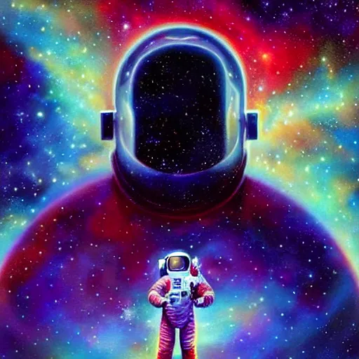 Image similar to astronaut standing infront of a nebula, illustration painting, oil on canvas, intricate, portrait, detailed illustration, hd, digital art, overdetailed art, concept art, complementing colors, detailed, illustration painting by alex gray, digital art, overdetailed art, concept art, complementing colors rendered by beeple, syd meade