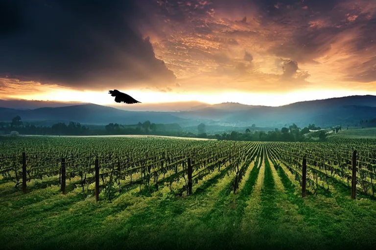 Prompt: amazing landscape photo of vineyard with an eagle in sunset by marc adamus beautiful dramatic lighting