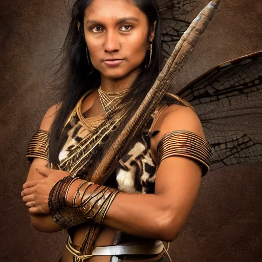 Image similar to a majestic brown warrior woman wearing a dragonfly armor. woman is face to face with a tiger. studio portrait. photorealistic.