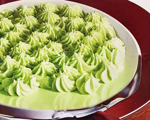 Prompt: 1970's cookbook color photograph of green ambrosia salad whipped cream sharp detail high detail