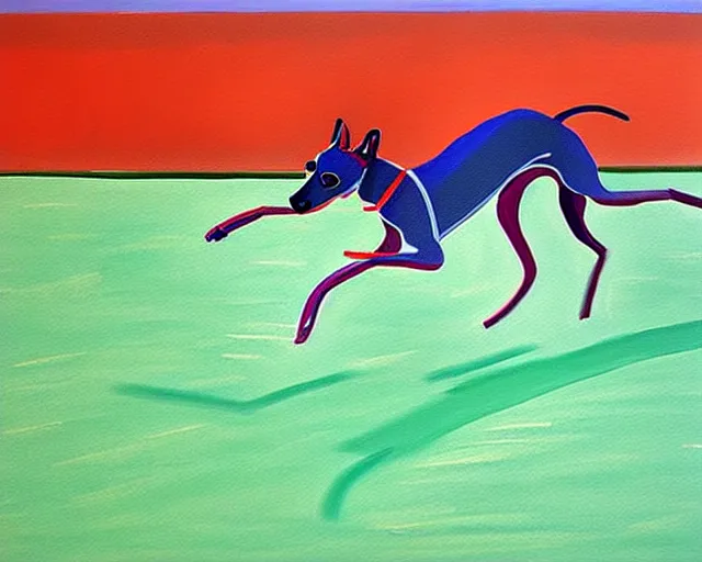 Image similar to close-up of a whippet running at beach, painting by david hockney, highly detailed