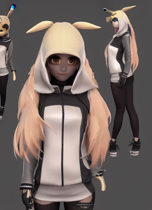 Image similar to vrchat, secondlife, imvu, 3 d model of a girl in a pikachu hoodie, hq render, detailed textures, artstationhd, booth. pm, highly detailed attributes and atmosphere, dim volumetric cinematic lighting, hd, unity unreal engine